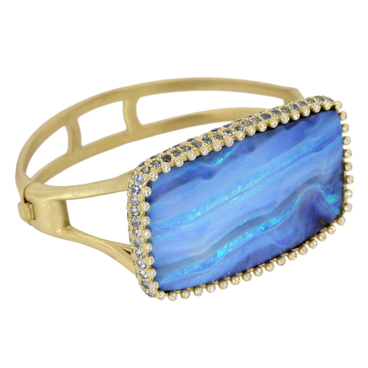 18K Yellow Gold, Boulder Opal, Sapphire and Diamond Hinged Bracelet