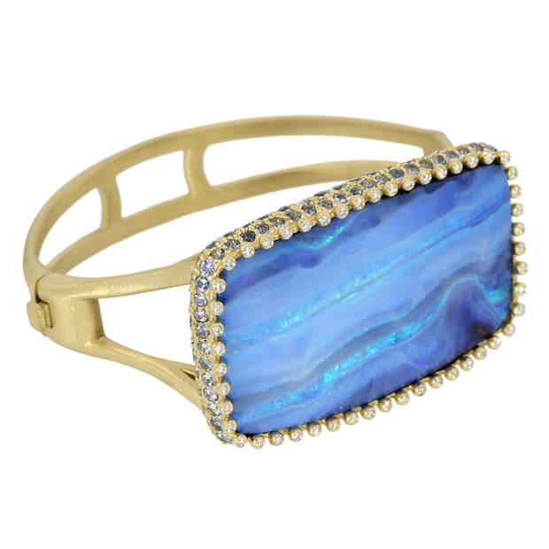 18K Yellow Gold Boulder Opal, Sapphire and Diamond Hinged Bracelet