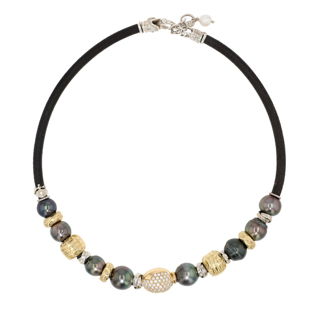 18K Yellow Gold, Silver and Leather Tahitian Pearl Necklace