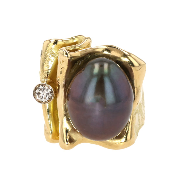 18K Yellow Gold Tahitian Pearl and Diamond Ring
