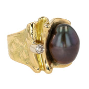 18K Yellow Gold Tahitian Pearl and Diamond Ring