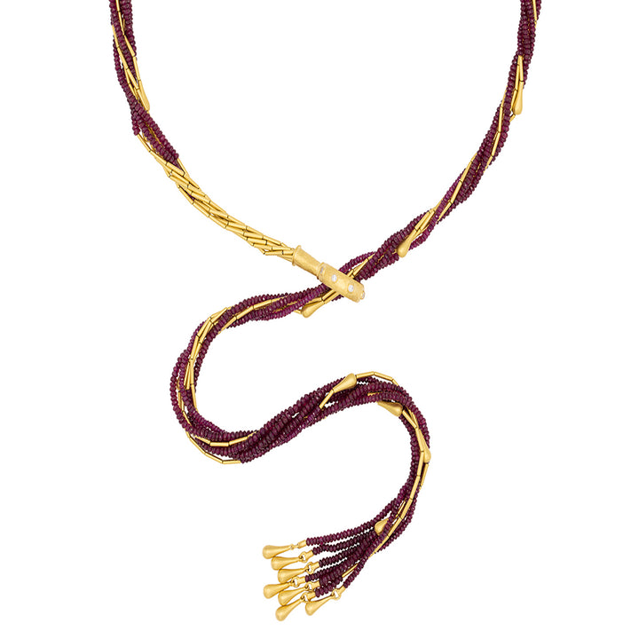 24K Yellow Gold Seven-Strand Ruby and Gold Bead Scarf Necklace