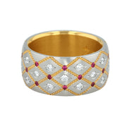 Platinum and 24K Gold Ruby Diamond Wide Band
