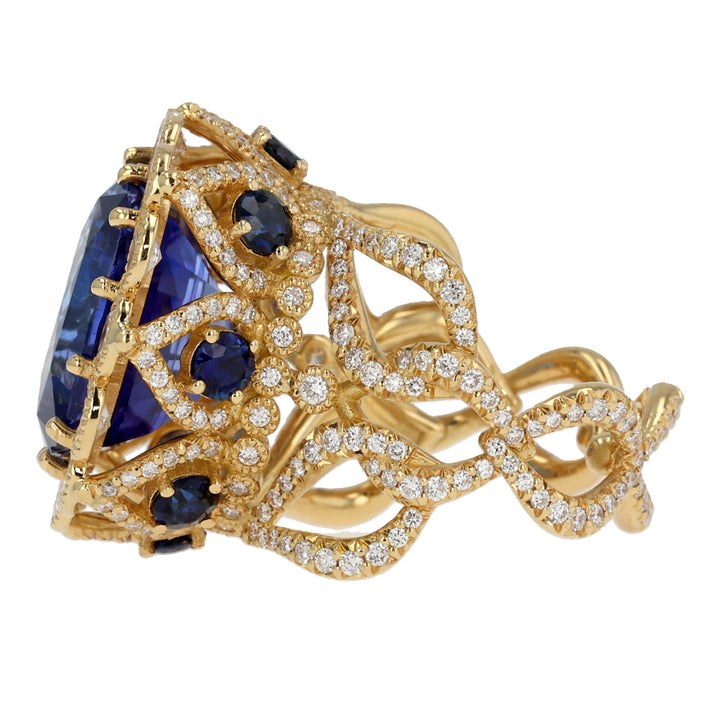 18K Yellow Gold Blue Sapphire and Diamond Ring