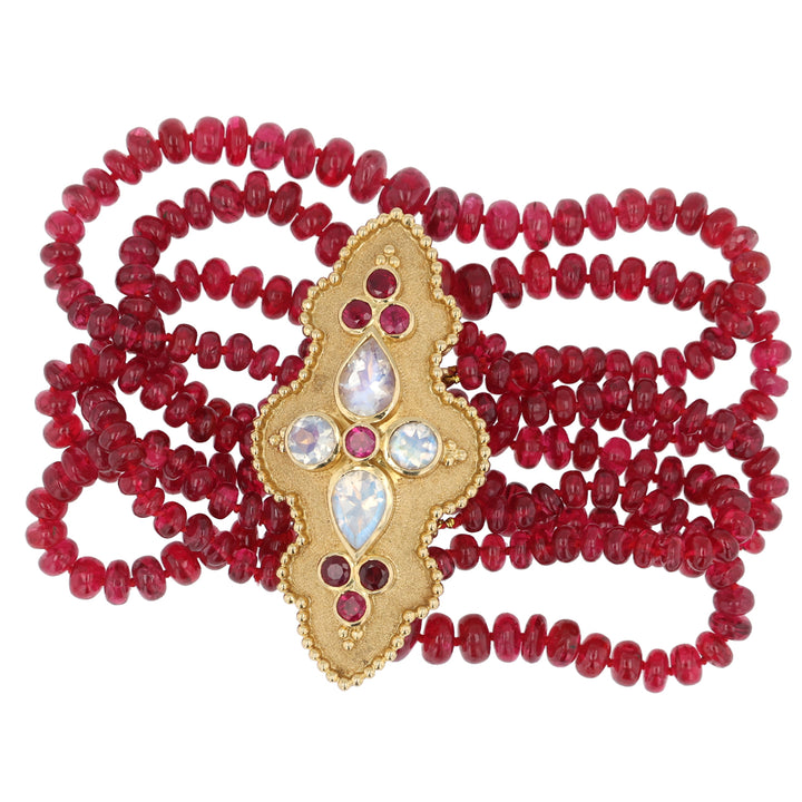 18K Yellow Gold Red Spinel, Ruby and Moonstone Bracelet