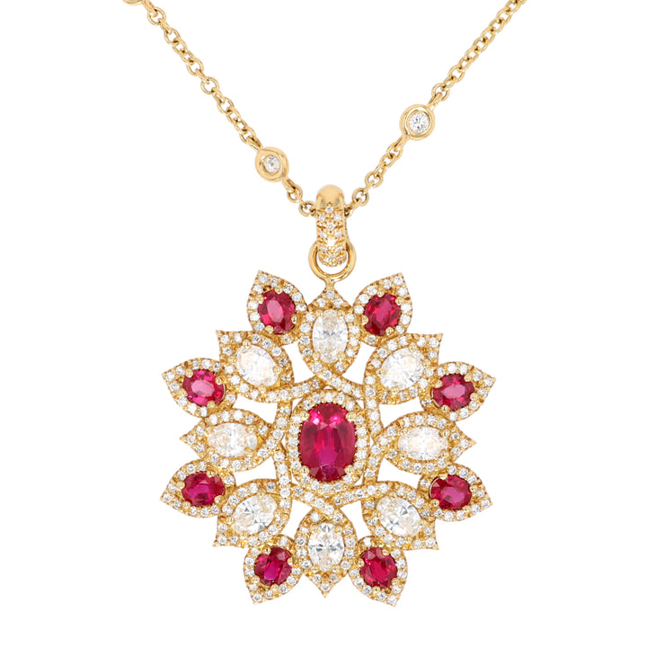 18K Yellow Gold Ruby and Diamond Flower Pendant