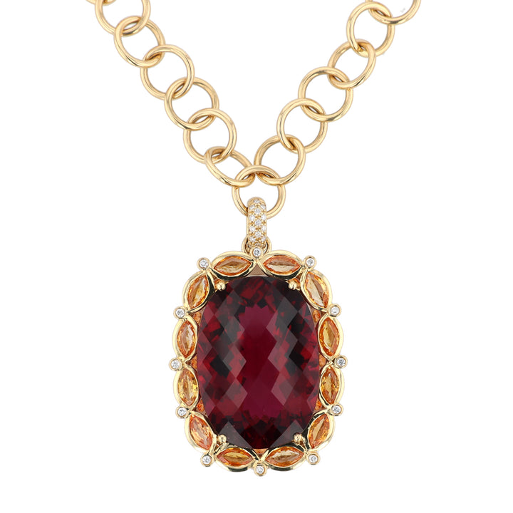 18K Yellow Gold Rubellite and Orange Sapphire Pendant