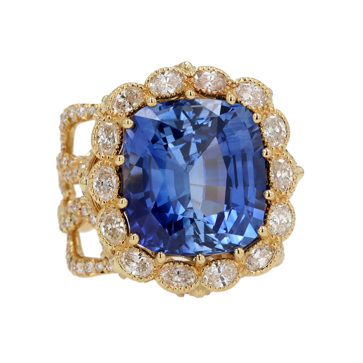 18K Yellow Gold Blue Sapphire and Diamond Ring