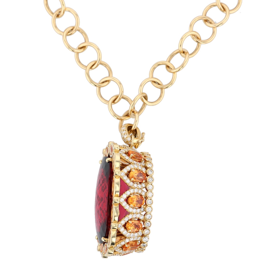 18K Yellow Gold Rubellite and Orange Sapphire Pendant