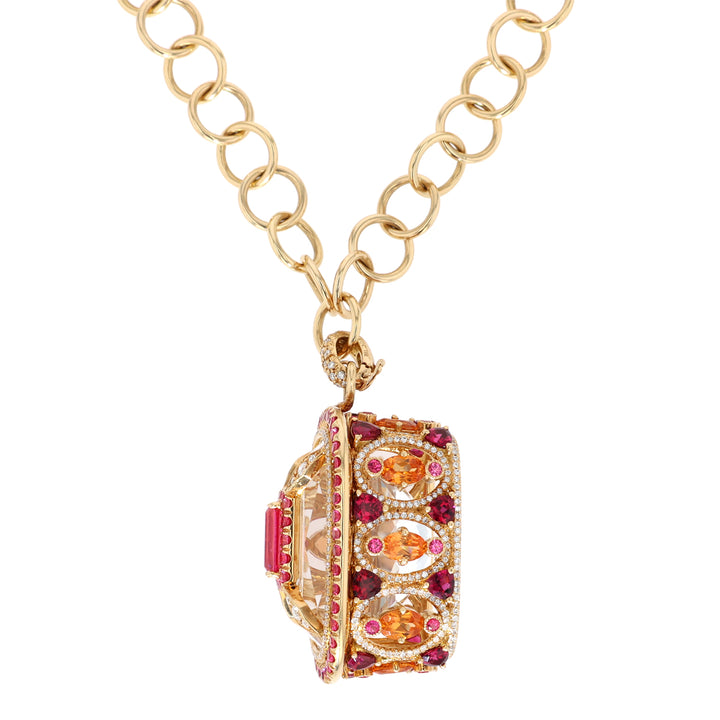 18K Yellow Gold Topaz, Spinel, Rubellite, Mandarin Garnet and Diamond Pendant