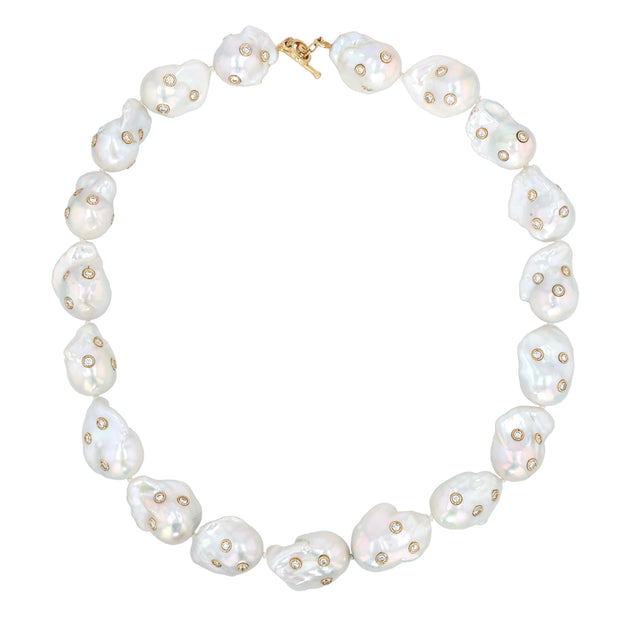 18K Yellow Gold Freshwater Pearl Necklace with Diamonds