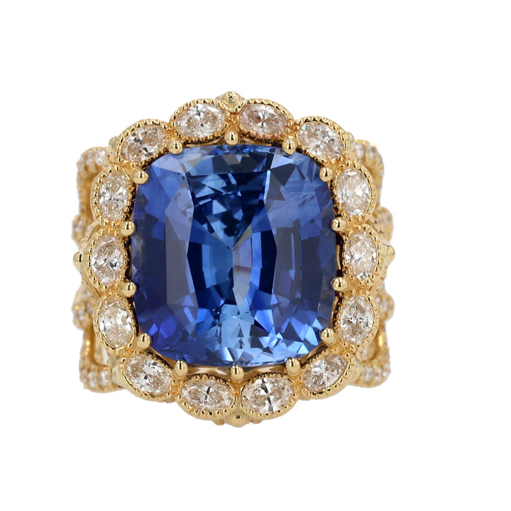 18K Yellow Gold Blue Sapphire and Diamond Ring