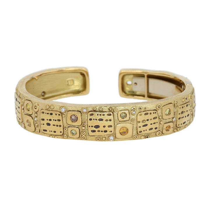 18K Yellow Gold "Notes" Natural Color and White Diamond Cuff Bracelet