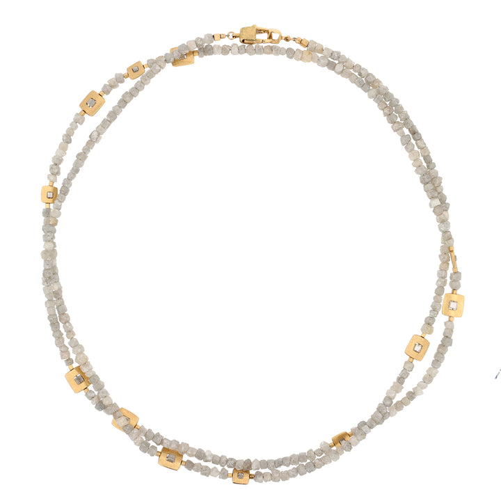 18K Yellow Gold Square Windows and Raw Grey Diamond Bead Necklace