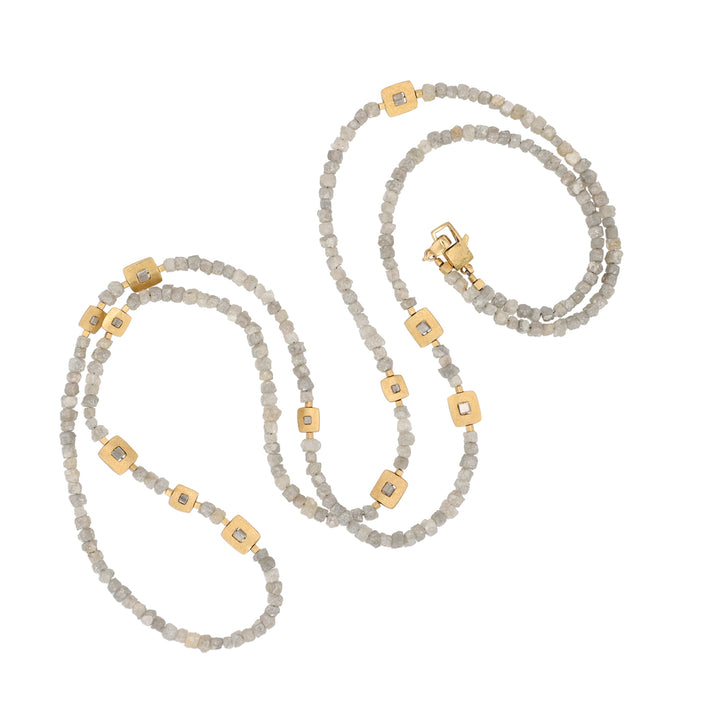 18K Yellow Gold Square Windows and Raw Grey Diamond Bead Necklace