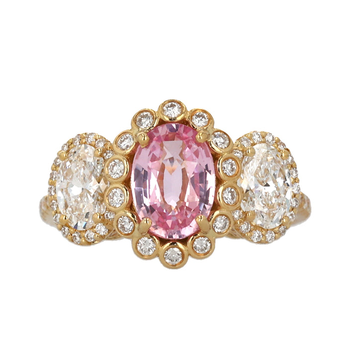 18K Yellow Gold 3-Stone Padparadscha Sapphire and Diamond Ring