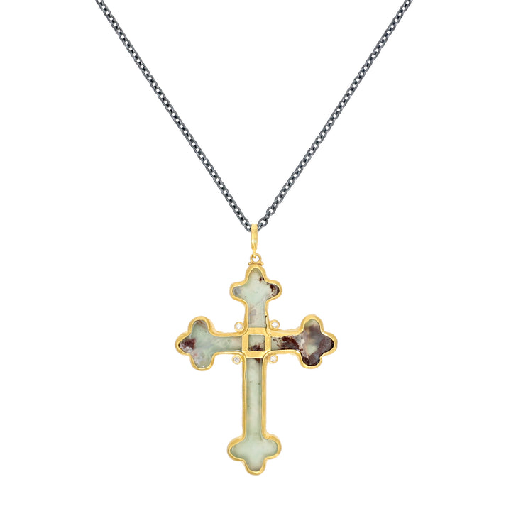 24K Yellow Gold "My World" Aquaprase Cross and Diamond Necklace