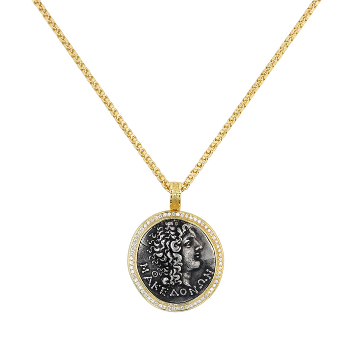 18K Yellow Gold Head of Deified Alexander the Great Coin and Diamond Pendant