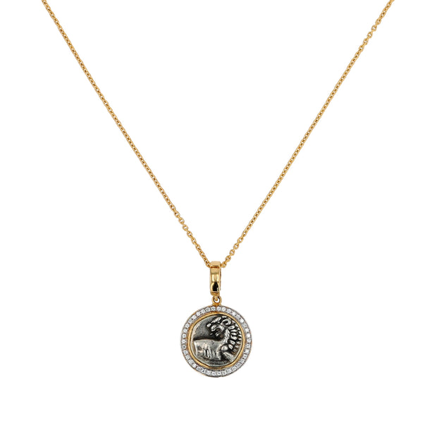 18K Yellow Gold Ancient Authentic Lion Coin and Diamond Pendant