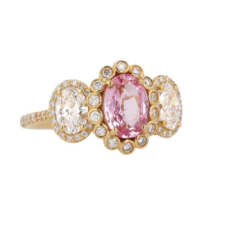 18K Yellow Gold 3-Stone Padparadscha Sapphire and Diamond Ring