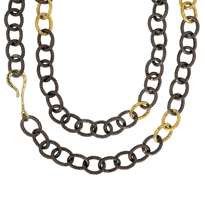 18K Yellow Gold and Oxidized Silver Link Chain Necklace