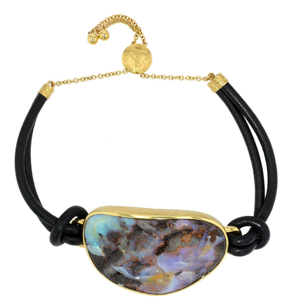 18K Yellow Gold Boulder Opal Black Leather Bracelet