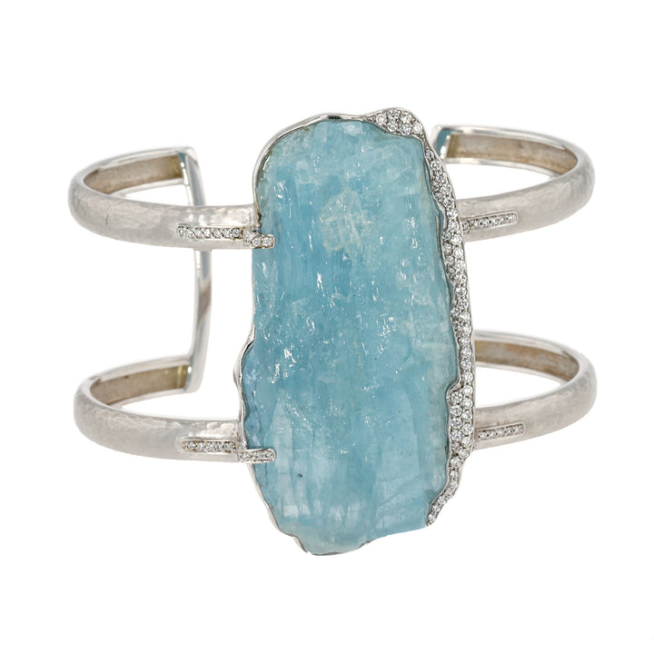 18K White Gold Raw Aquamarine and Diamond Cuff Bracelet