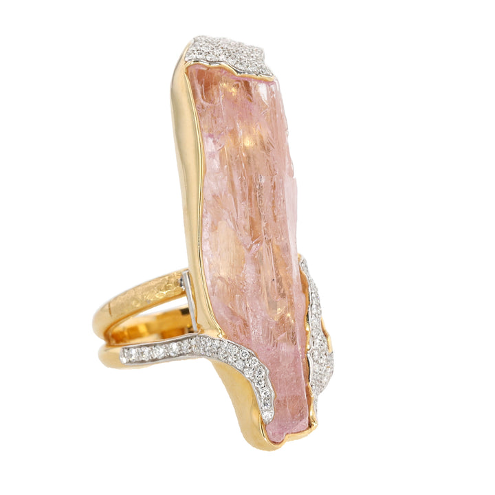 18K Yellow Gold Raw Kunzite and Diamond Split Band Ring