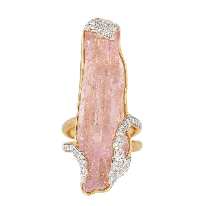 18K Yellow Gold Raw Kunzite and Diamond Split Band Ring