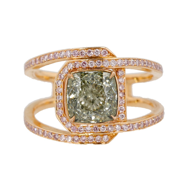 18K Rose Gold Cushion Fancy Light Grayish Greenish Yellow and Pink Diamond Ring