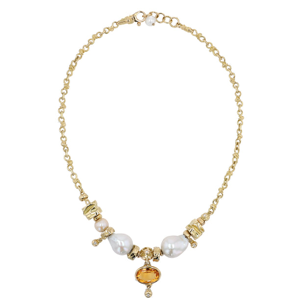 18K Yellow Gold South Sea Pearl, Freshwater Pearls, Citrine and Diamond Necklace