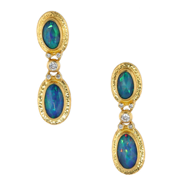 24K Yellow Gold Ethiopian Opal and Diamond Earrings