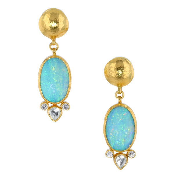 24K Yellow Gold Australian Opal and Diamond Earrings