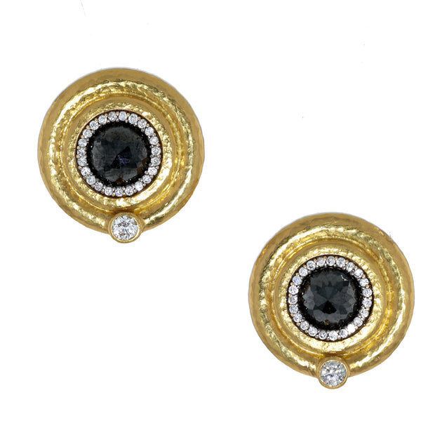 24K Yellow Gold Rose Cut Black Diamond Earrings
