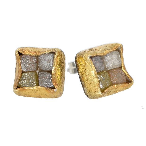 24K Yellow Gold and Sterling Silver Raw Diamond Earrings