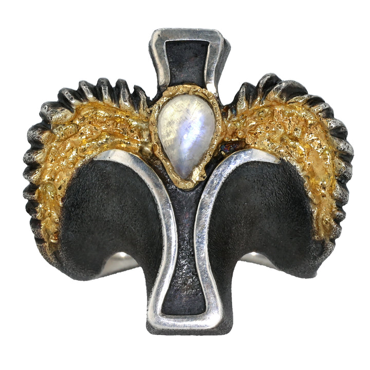 18K Yellow Gold & Oxidized Sterling Silver and Rainbow Moonstone Ring