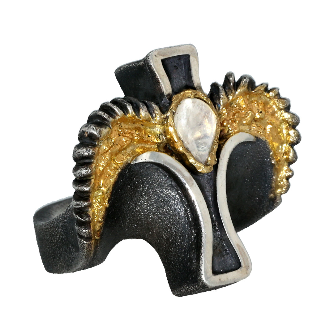 18K Yellow Gold & Oxidized Sterling Silver and Rainbow Moonstone Ring