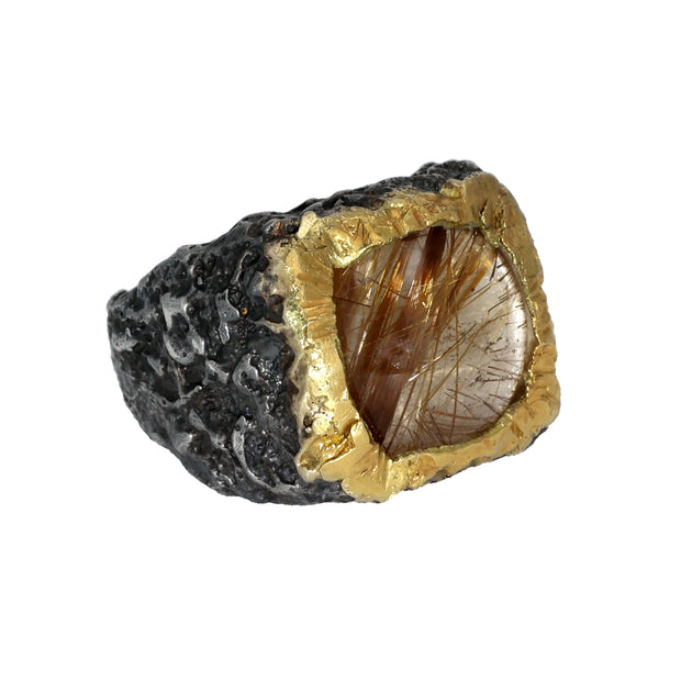 18K Yellow Gold and Sterling Silver Rutilated Quartz Ring