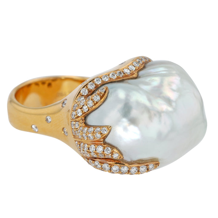 18K Rose Gold,  White South Sea Pearl & Diamond Ring