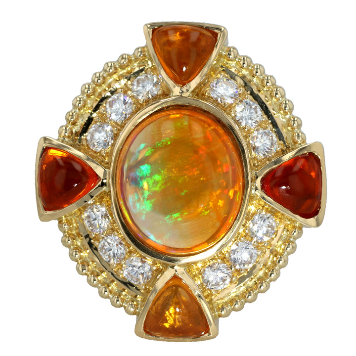 18K Yellow Gold Jelly Opal, Fire Opal and Diamond Ring