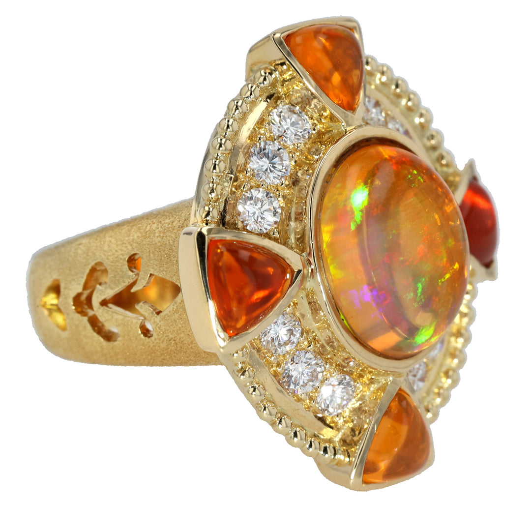 18K Yellow Gold Jelly Opal, Fire Opal and Diamond Ring