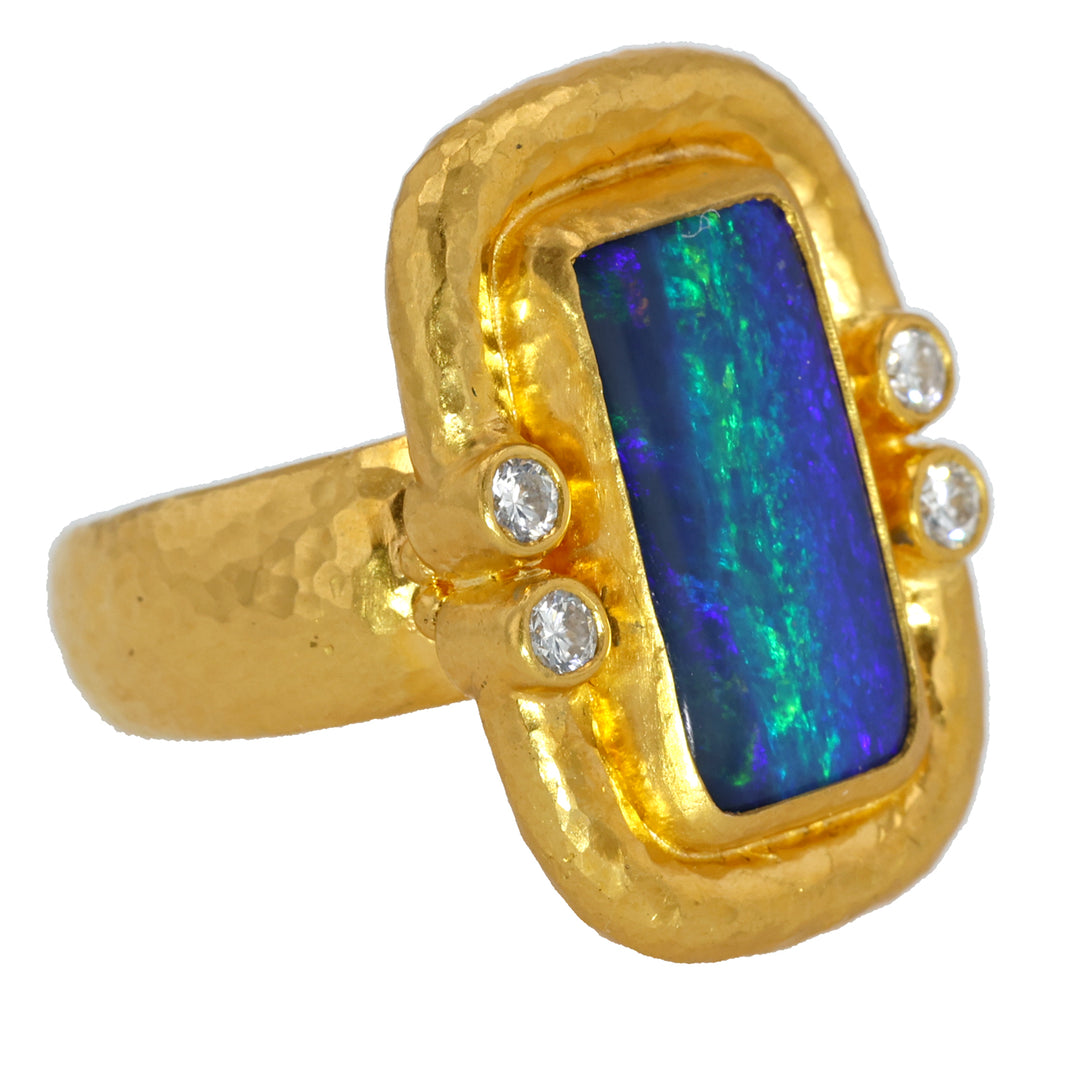 24K Yellow Gold Ethiopian Opal and Diamond Ring