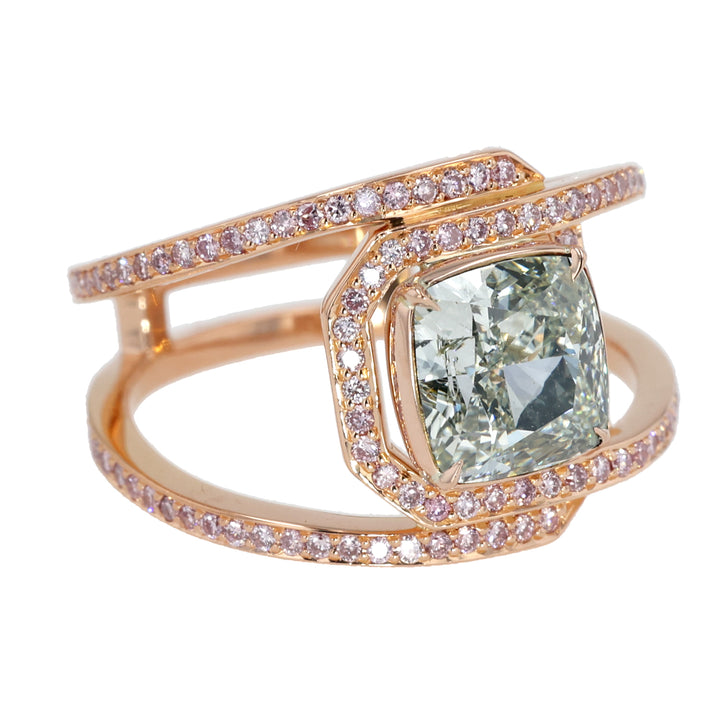 18K Rose Gold Cushion Fancy Light Grayish Greenish Yellow and Pink Diamond Ring