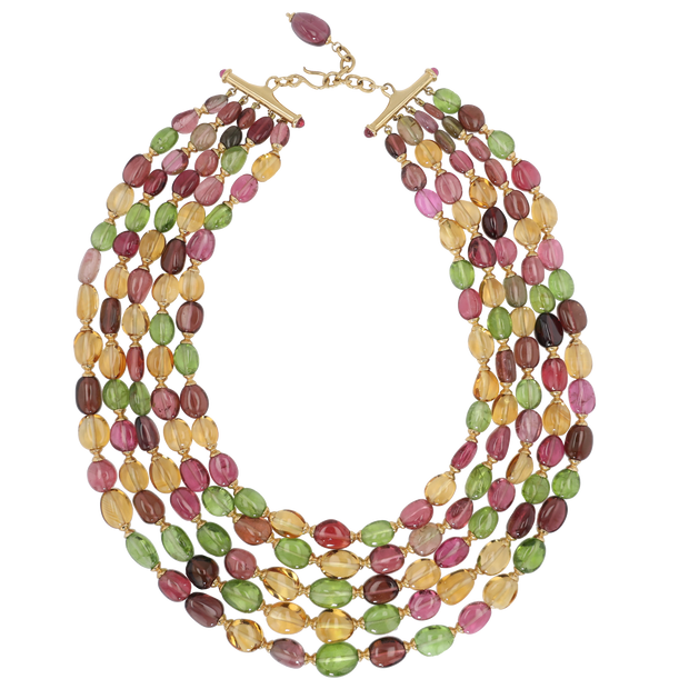 18K Yellow Gold 5 Strand Bead Necklace with Tourmaline, Peridot, and Citrine.
