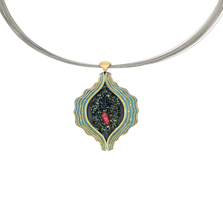 Green Steel and 24K Gold Drusy, Diamond and Ruby Necklace