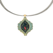 Green Steel and 24K Gold Drusy, Diamond and Ruby Necklace