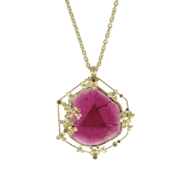 18K Yellow Gold Pink Tourmaline Diamond Necklace
