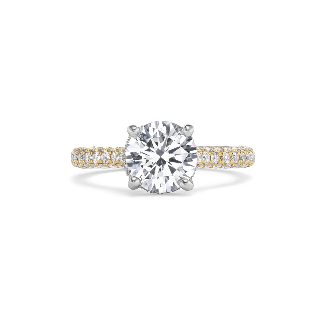 G Marie custom ring 18K Yellow Gold 3-sided pave set diamonds Platinum Prongs for 2 ct Center Stone