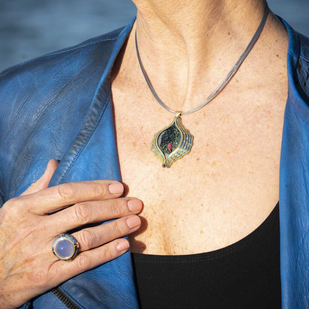 Green Steel and 24K Gold Drusy, Diamond and Ruby Necklace Model