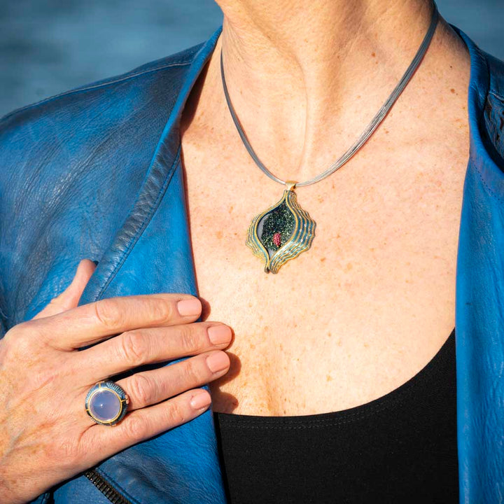 Green Steel and 24K Gold Drusy, Diamond and Ruby Necklace Model